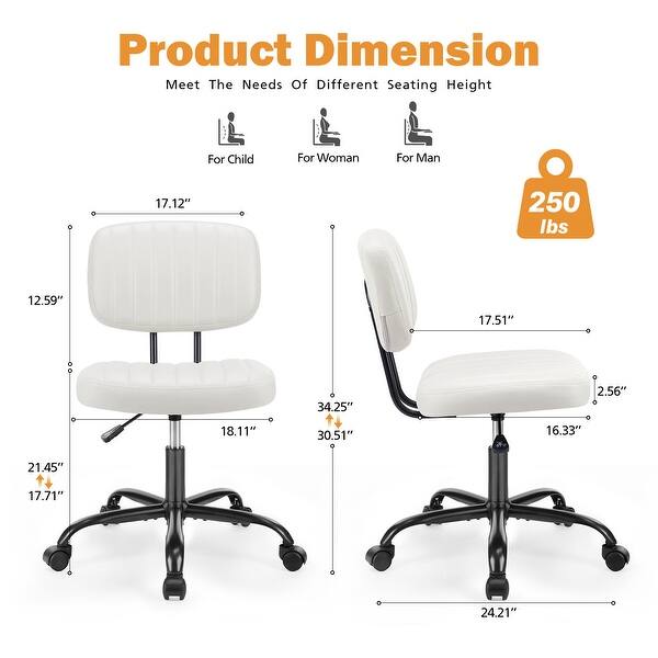 dimension image slide 1 of 3, Armless Home Office Desk Chair, PU Leather Low Back Task Chair with Wheels, Adjustable Height 360° Rolling Vanity Chairs - N/A