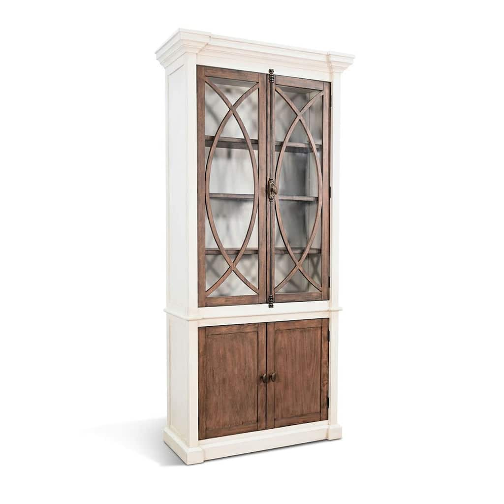 Camie Tall Cabinet, 2 Glass Doors w 2 Brown Doors, White Mahogany Wood