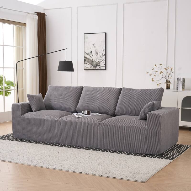 3-seater Modern Corduroy Couch Sofa with 3 Back Cushions and 2 Pillows - Grey