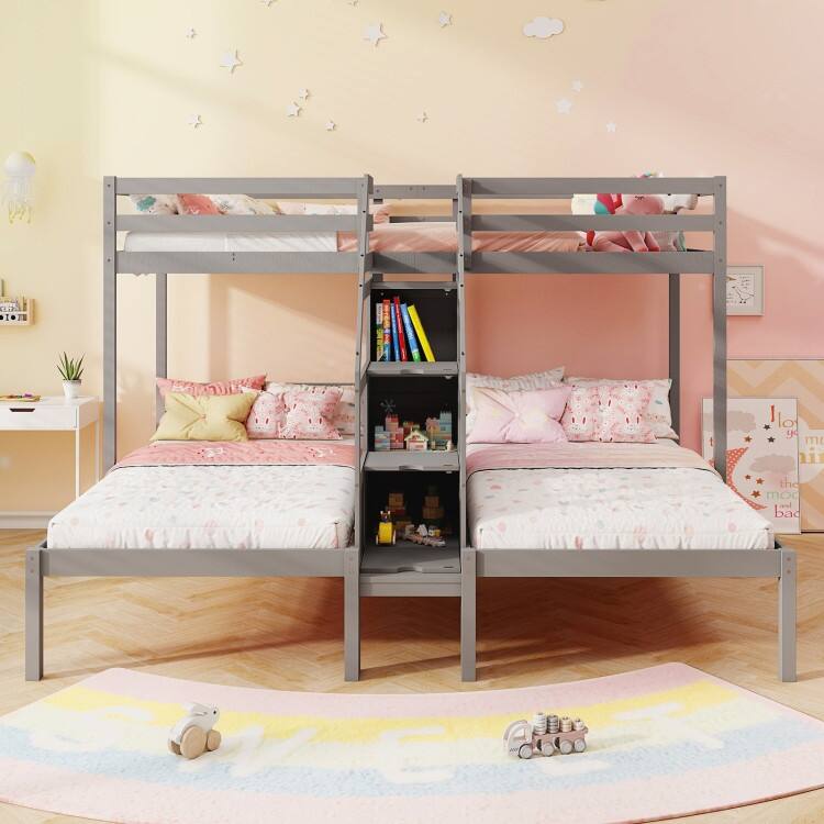 Bunk Bed for 3 Kids, Twin Over Twin with Storage Staircase and Safety Guardrails