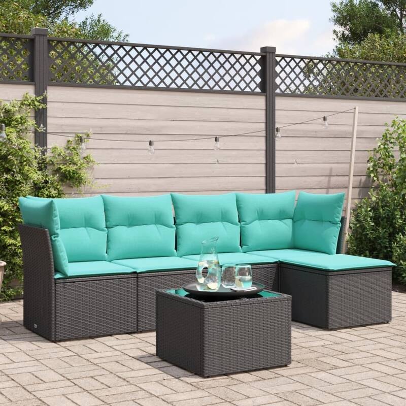 vidaXL 5 Piece Patio Sofa Set with Cushions Black Poly Rattan - 92.1x27.2x46.1-With table