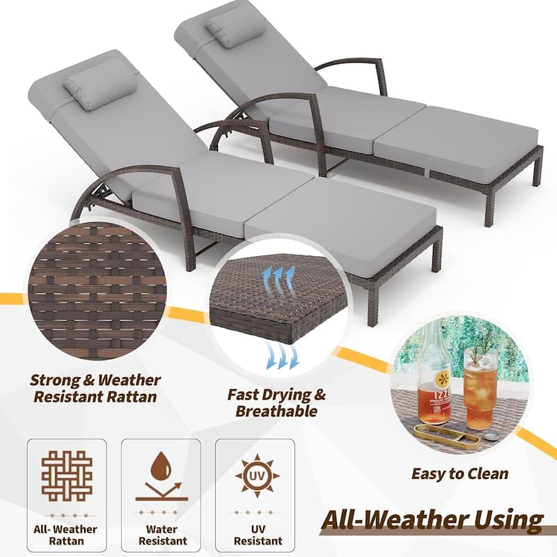 2-Piece Outdoor Rattan Patio Folding Chaise Lounge with Adjustable Backrest for Poolside, Backyard, Deck