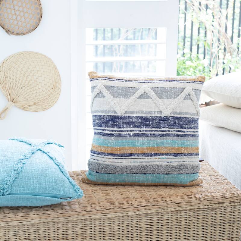 Sevita Destin Blue/Multi Striped Overtufted Cotton Throw Pillow, Set of 2