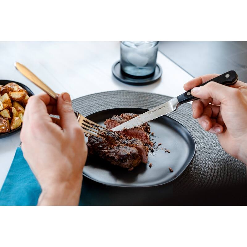 Dura Living 4-Piece Steak Knife Set - High Carbon Stainless Steel Serrated Blades, Ergonomic Black Handles