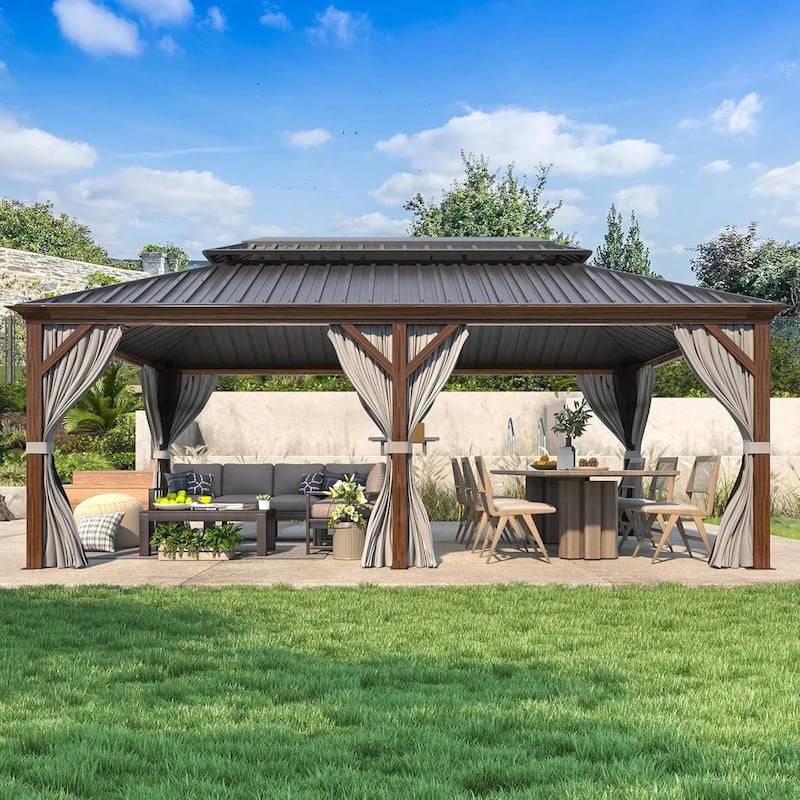 Erommy Hardtop Gazebo with Aluminum Frame and Double Roof, Permanent Outdoor Gazebo Includes Curtains&Netting for Patio Backyard