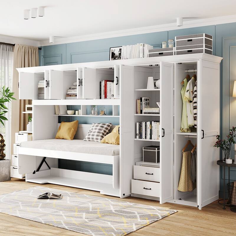 Versatile Twin Size Murphy Bed Fold-down Storage Wall Bed with Temporary Desk, Top Cabinets, Side Wardrobe, Drawers and Shelves