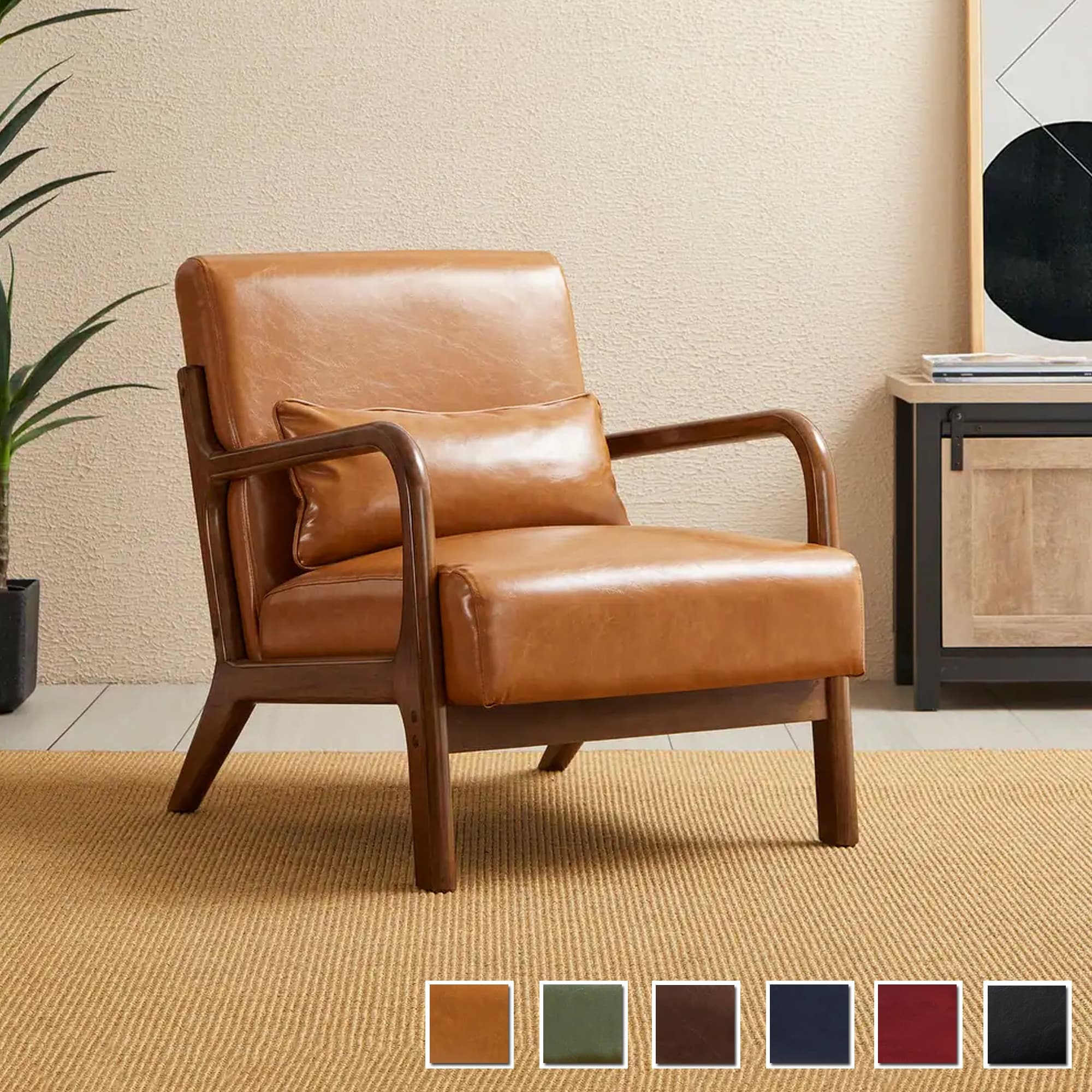 Glitzhome 30.75"H Mid-Century Modern PU Leather Armchair Accent Chair with Pillow