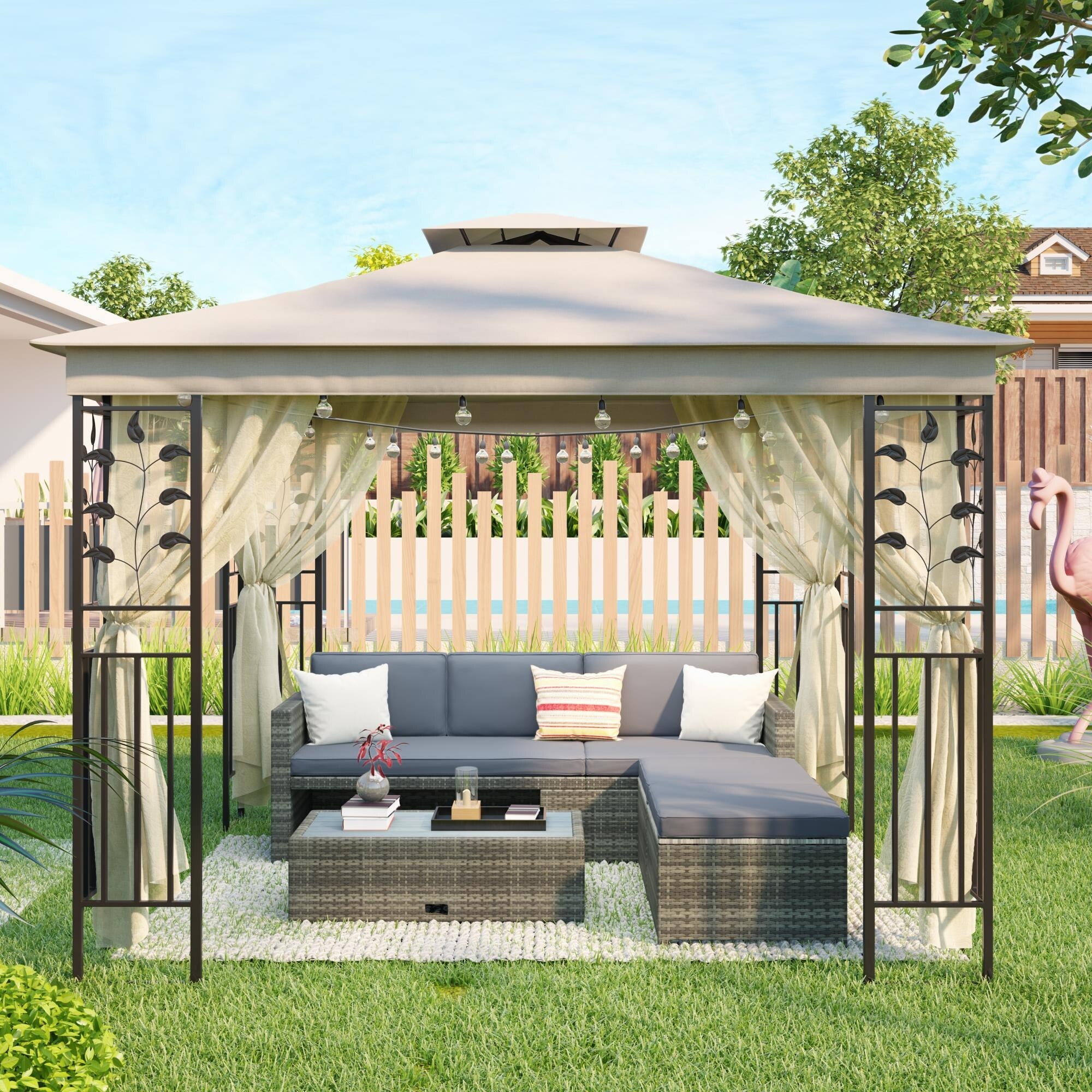 No 10Ft x 8Ft Steel Vented Dome Top Patio Gazebo with Netting Beige