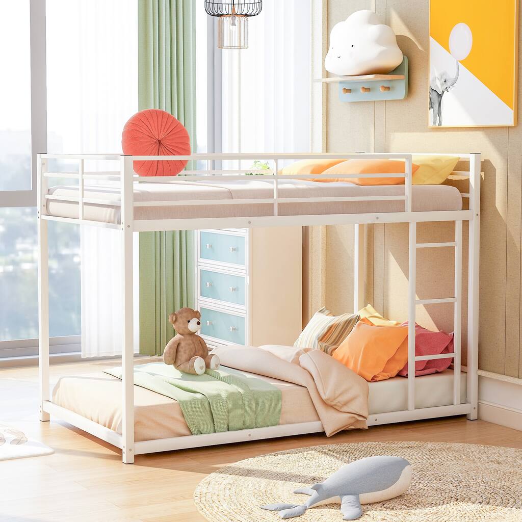 Twin Over Twin Low Metal Bunk Bed with Ladder, White