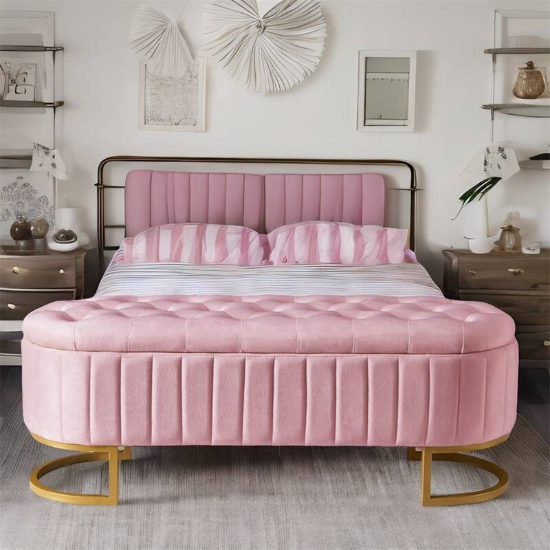Upholstered Velvet Storage Ottoman with Button-Tufted - Pink