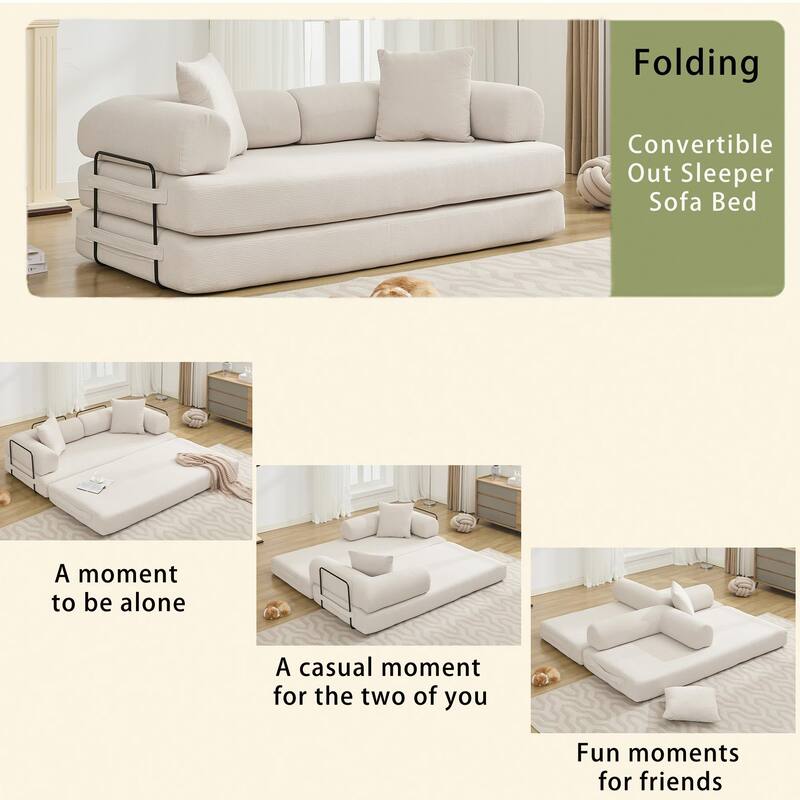 Folding Couch Convertible into King Size Floor Bed, 4-in-1 Corduroy Sleeper Sofa Bed with Moved Armrests and Non-Slip Pad