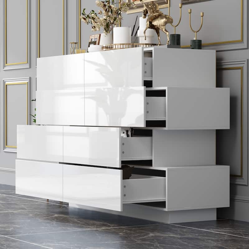 Contemporary High Gloss White Eight-Drawer Dresser, Chest of Drawers