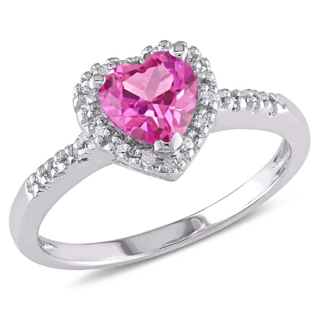 Miadora Silver Created Pink Sapphire and 1/10ct TDW Diamond Heart Ring (I-J, I2-I3)