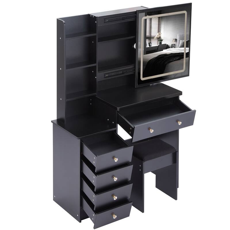 37" Middle Size Left Bedside Cabinet Vanity Table + Cushioned Stool Dresser Set, Large Touch Control LED Sliding Mirror