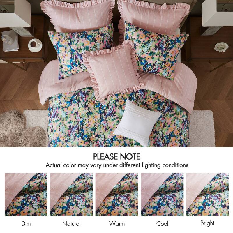 Romantic King 8PC Floral Comforter Set Cotton Reversible with Bed Skirt & Decorative Pillows