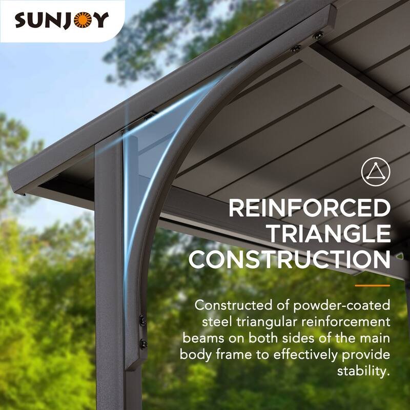 Sunjoy Grill Gazebo 5 ft. x 8 ft. Brown Steel Frame Double Tiered Hardtop Gazebo with Ceiling Hook and Bar Shelves