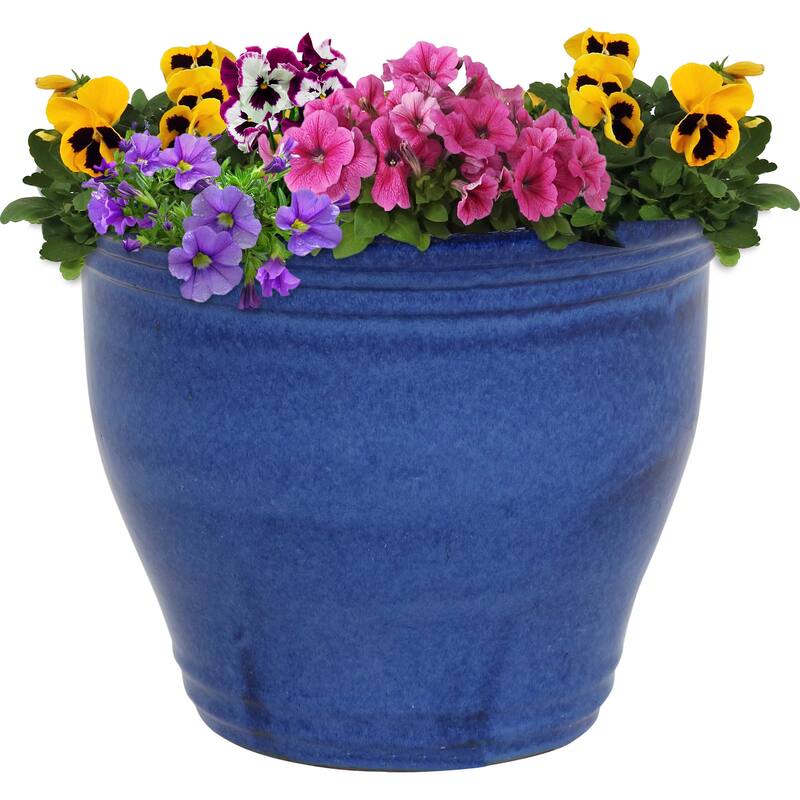 Sunnydaze Studio Round Glazed Ceramic Planter with Drainage - 15" - Imperial Blue - 15-Inch