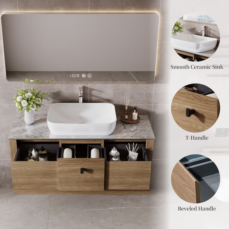 48"Mid Century Modern Wall-Mounted Bathroom Vanities,Single Sink,Brown Wood Texture with Sintered Stone Table top