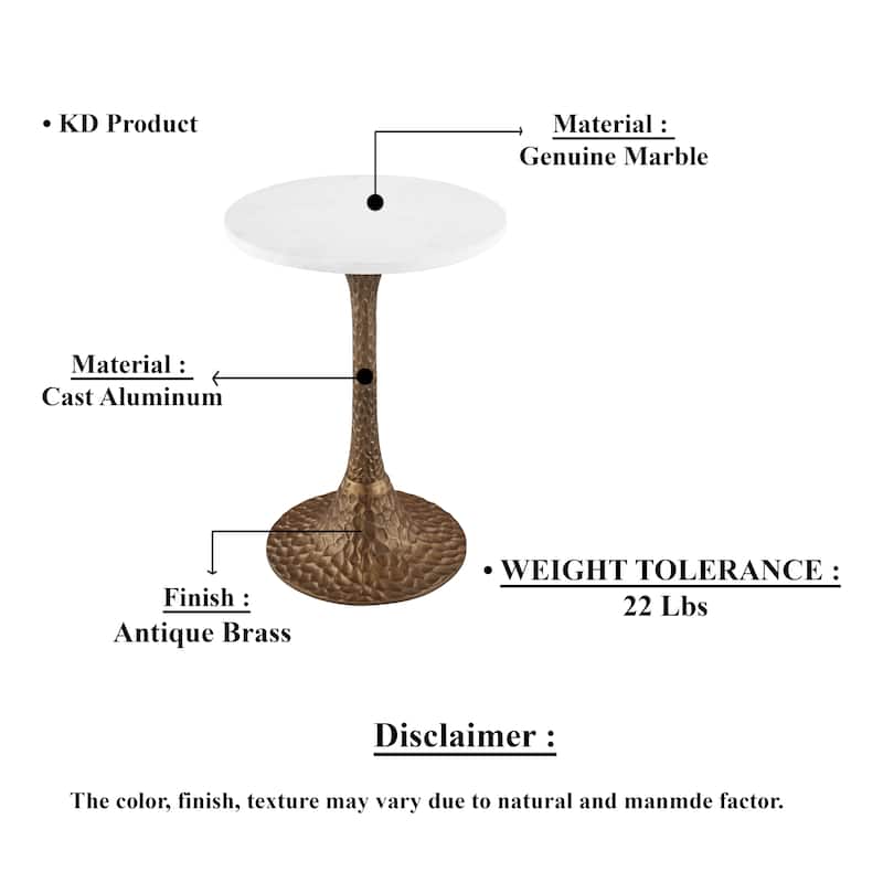 Tyler Accent Side Table, 14.5 Inch Round White Marble Top, Antique Brass Hammered Pedestal Base