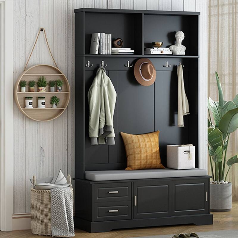 Hall Tree with Sliding Door Bench Cushion Silver Handle Storage Cabinet