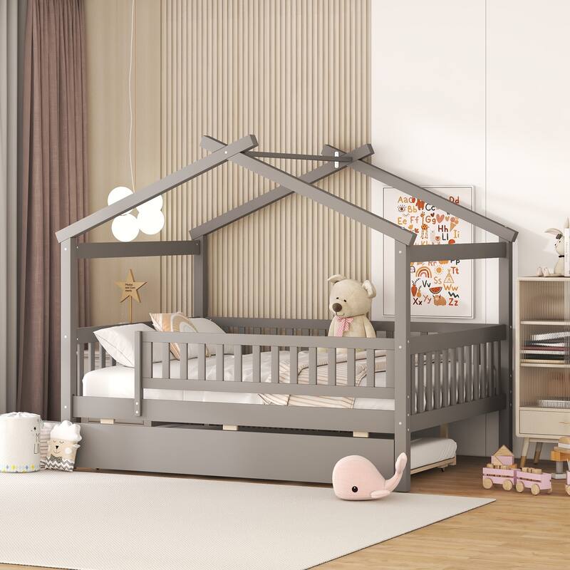 Full Pine House Bed with Trundle, Guardrail & Roof