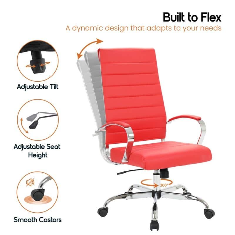 Benmar High-Back Leather Office Desk Chair in Stainless Steel Frame Adjustable Height Tilt Lock 360 Swivel Ergonomic Chair