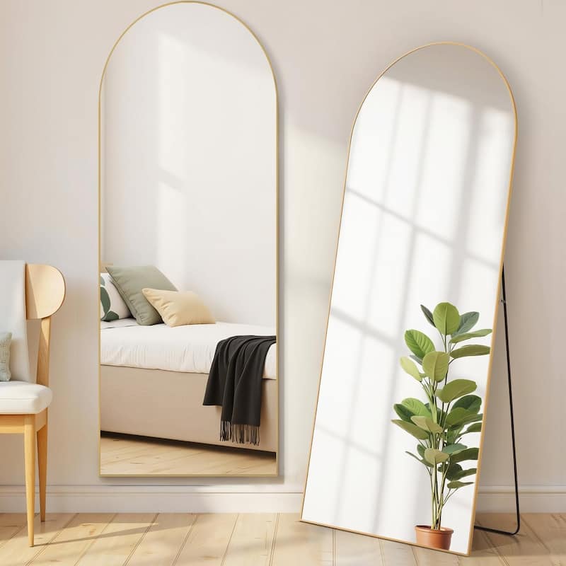 Arched Mirror Full Length, Upgraded 21"x64" Body Wall Mirrors with Shatter-Proof Glass, Floor Standing, Hanging or Leaning - Gold