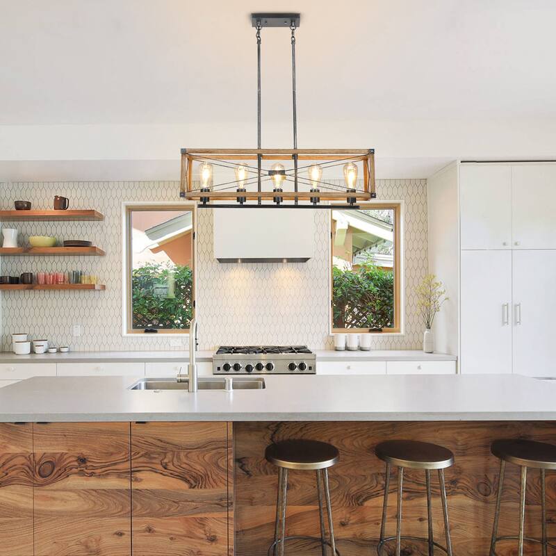 Farmhouse Black Rectangular Chandelier Island Lights for Kitchen Island Lighting - 5-Light