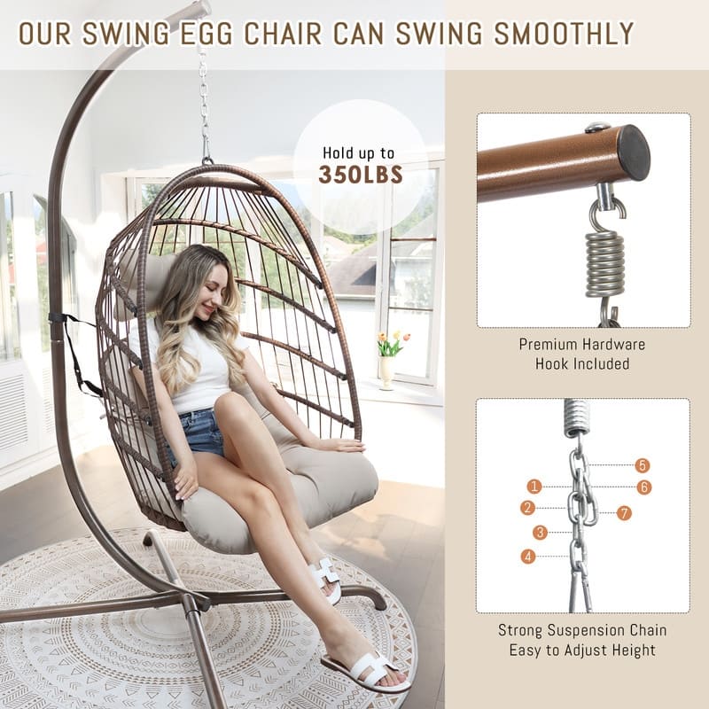 Oversized 1-Person Foldable Hanging Egg Chair - Wicker Swing Chair with Stand, Portable for Indoor Outdoor Patio