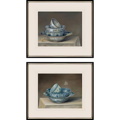 Traditional Bowl S/2 Framed Art Giclee Hand Finished Under Glass - Blue