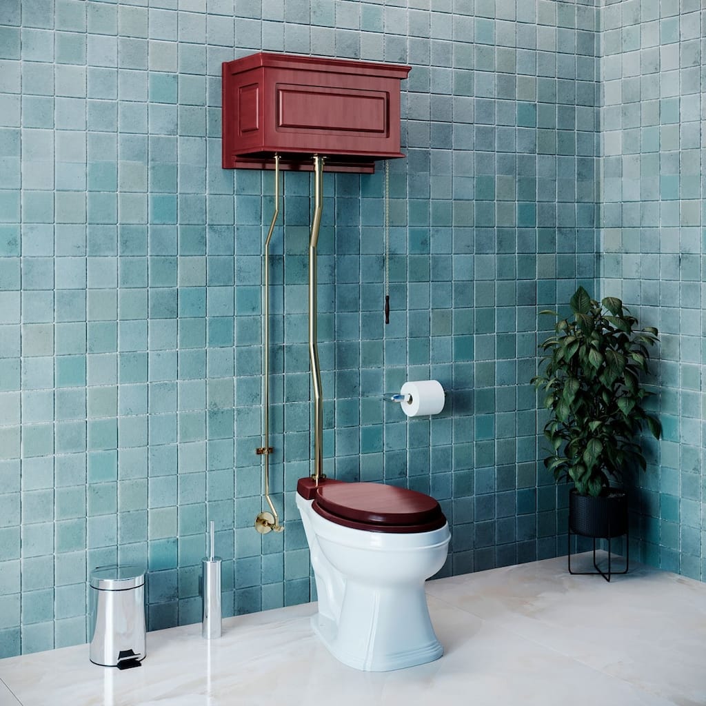 Cherry Wooden High Tank Toilet Raised Tank, Brass Z Pipe and Round White Bowl