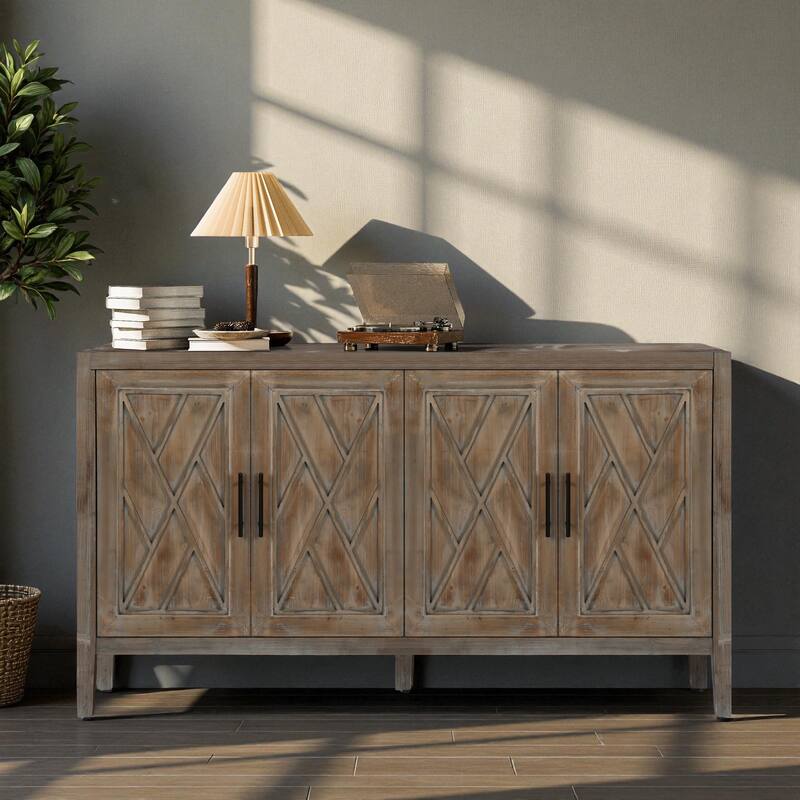 60" Modern Farmhouse 4-Door Sideboard Buffet Cabinet, Wood Accent Storage Console Table with Adjustable Shelf for Dining Room - Antique Brown