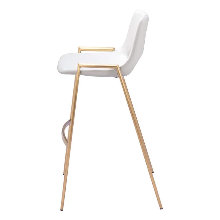 Set of Two 30" White And Gold Faux Leather And Steel Low Back Bar Height Bar Chairs