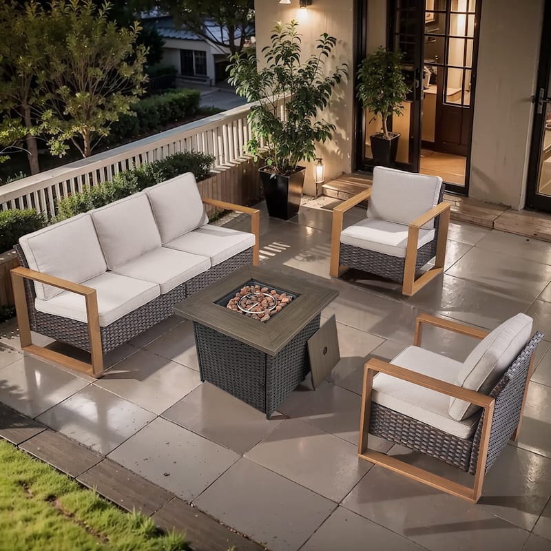 Pocassy Outdoor Fire Pit Conversation Set 3-Seat Sofa Chairs Patio Furniture Set - Brown Wicker Beige Cushion - 4-Piece Sofa Patio Chair with Fire Table