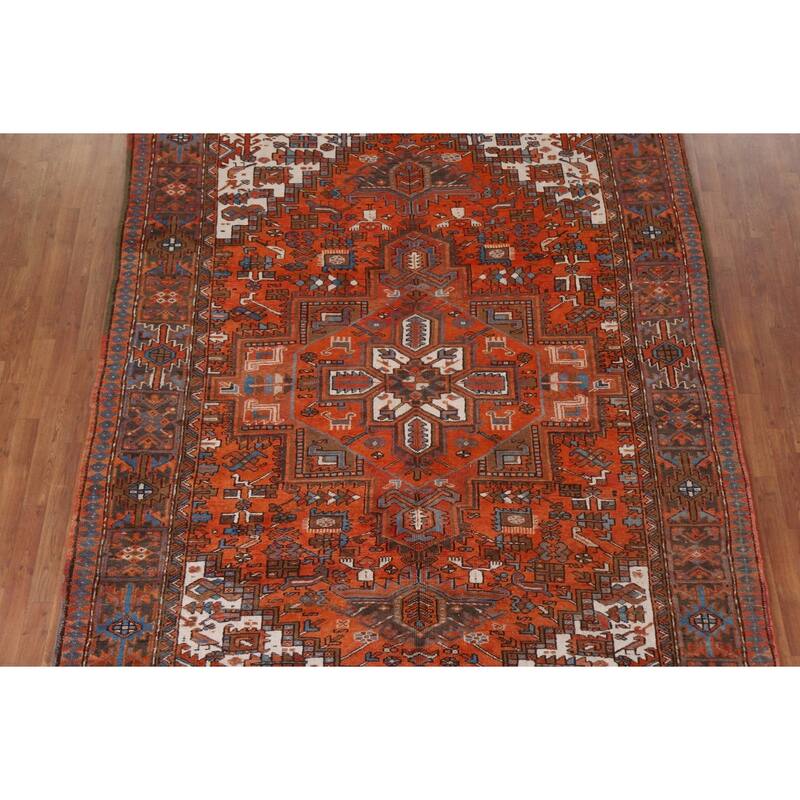 Hand Knotted Oriental 100% Wool Carpet Traditional Medallion Oranges & Rust Heriz Area Rug - 11' 4'' X 7' 11''