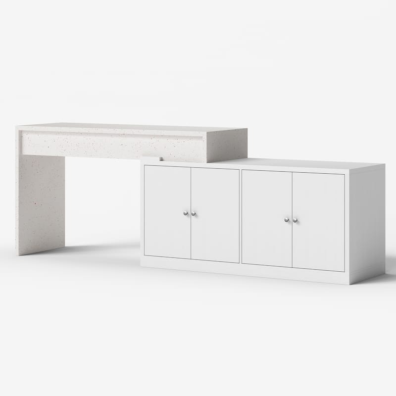 Modern Kitchen Island with Pull-Out Faux Marble Top, White Storage Cabinet with Large Capacity Shelves Kitchen Dining Table