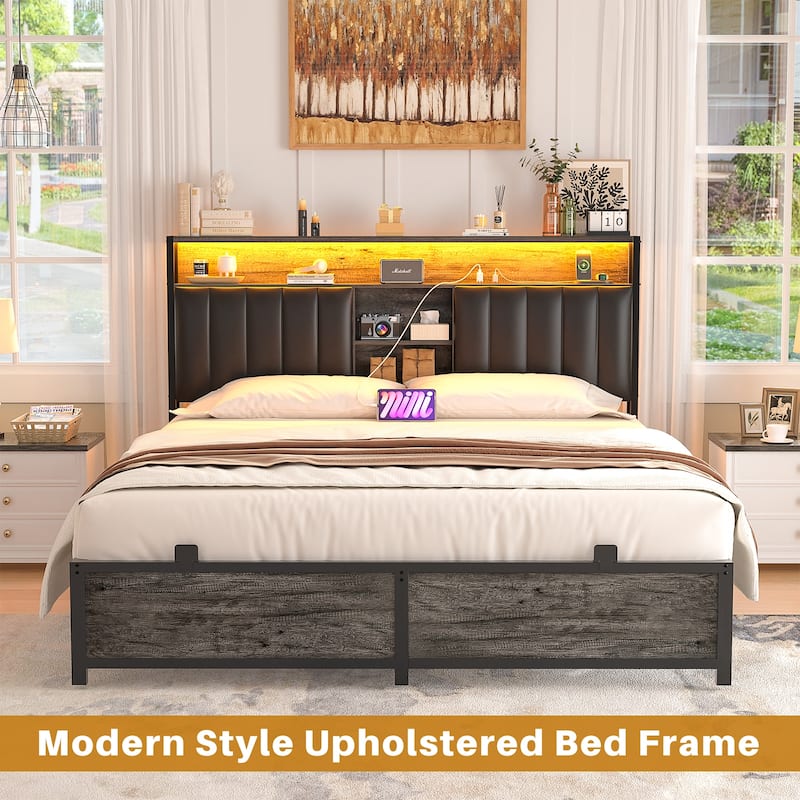 Upholstered Bed Frame with Storage Shelving, Platform Beds with Charge Station and LED Lights