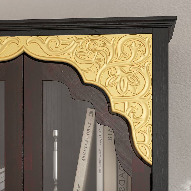 Boho Wood & MDF Display Cabinet with Tempered Glass Doors, Carved Arch Frame & Metal Handle Drawer