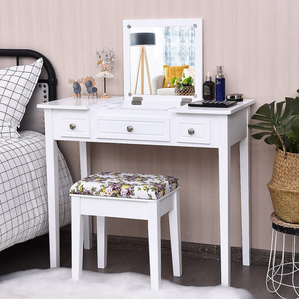 Costway Vanity Dressing Table Flip Top 7 Compartments Makeup Desk