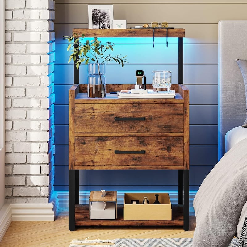 2 Drawer Nightstand with LED Lights Charging Station