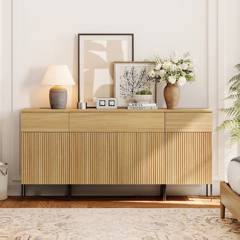 63" Wooden Reeded Sideboard With Doors And Drawers, 3-In-1 Modern Credenza With Charging
