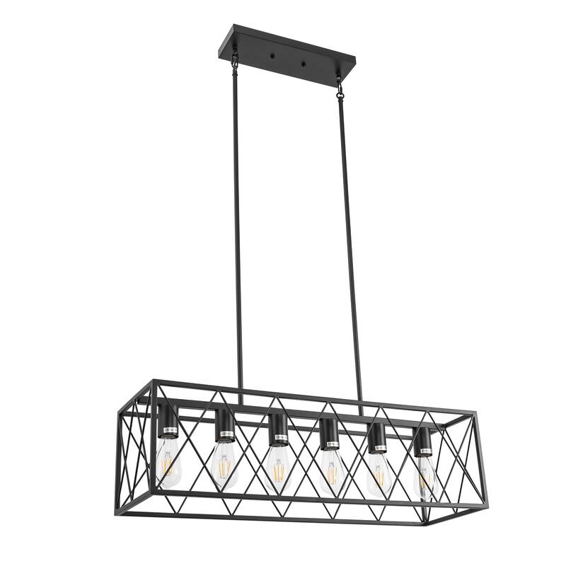 YANSUN 6-Light All-Black Iron Frame Island Pendant Light with Cross-Mesh Design and Hanging Rod, E26 Base