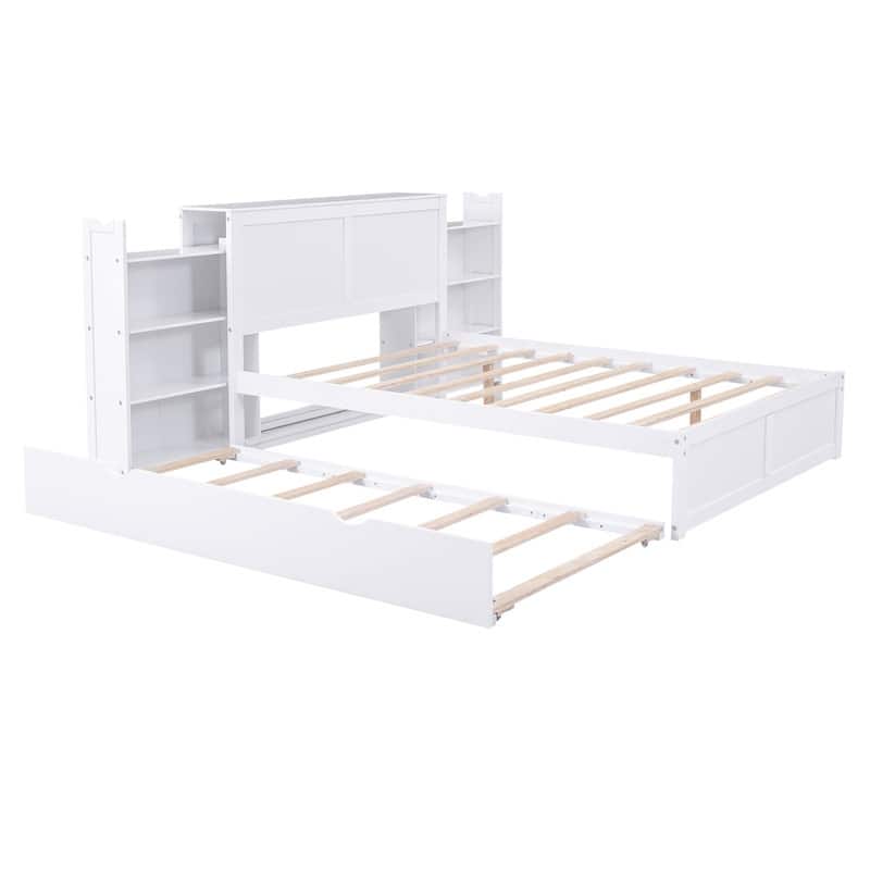 Wooden Storage Platform Bed with Bookcase Headboard, Full/Queen Bed Frame with Twin Size Trundle and Pull Out Shelves