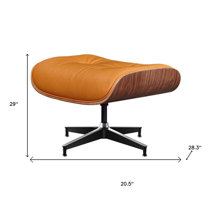 HomeRoots 28" Orange and Light Brown Tufted Genuine Leather Lounge Chair With Ottoman - 28.30 in. x 29.00 in. x 20.50 in.