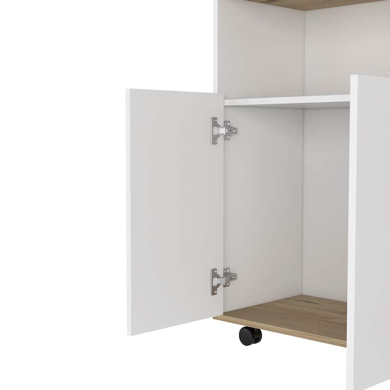 Compact Kitchen Island Kamkacht, Light Oak / White, 1 Cabinet, 4 Shelves, Locking Casters for Stability