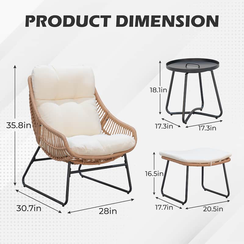 Chaise Lounge Chair with Ottoman and Coffee Table, Wicker Egg Chair Oversized Rattan Patio Cozy Chairs with Footstool