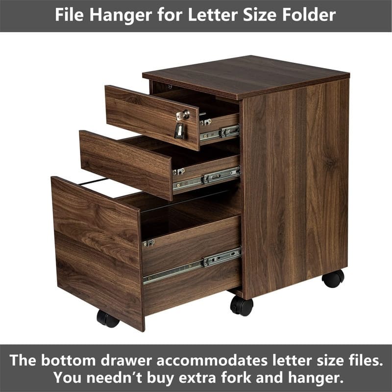 3 Drawers Wood Mobile File Cabinet - 15.7"D x 16.3"W x 24.4"H