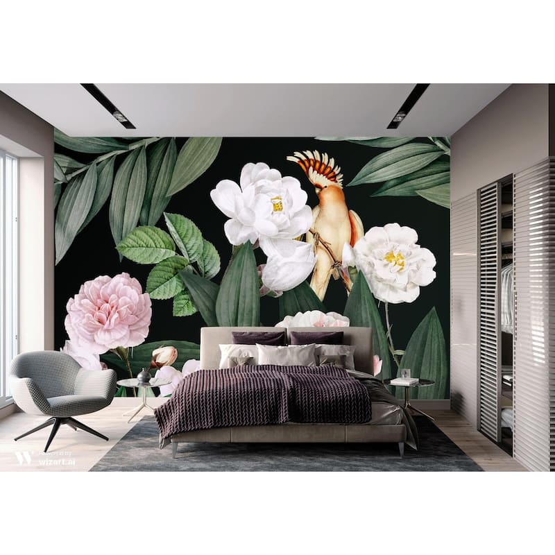 Exotic Flowers Night Garden Wallpaper Mural Tropical Bird