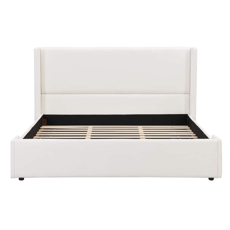 Elegant White Fabric Upholstered Bed with Tall Headboard, White, KING