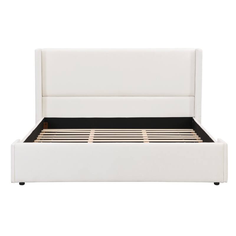 Elegant White Fabric Upholstered Bed with Tall Headboard, White